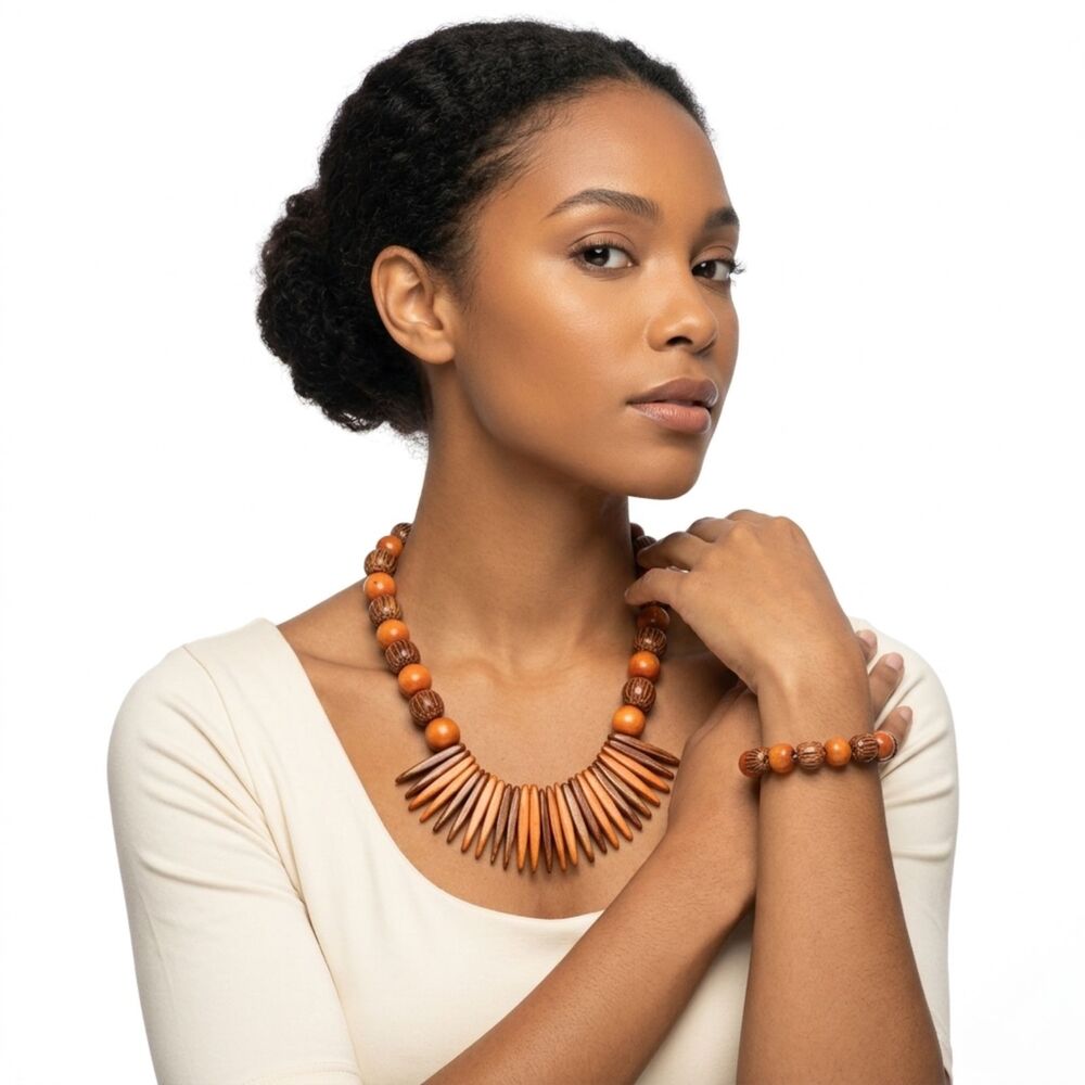 Wooden Beads Necklace and Bracelet Set Womens Jewelry Set Beachy Boho